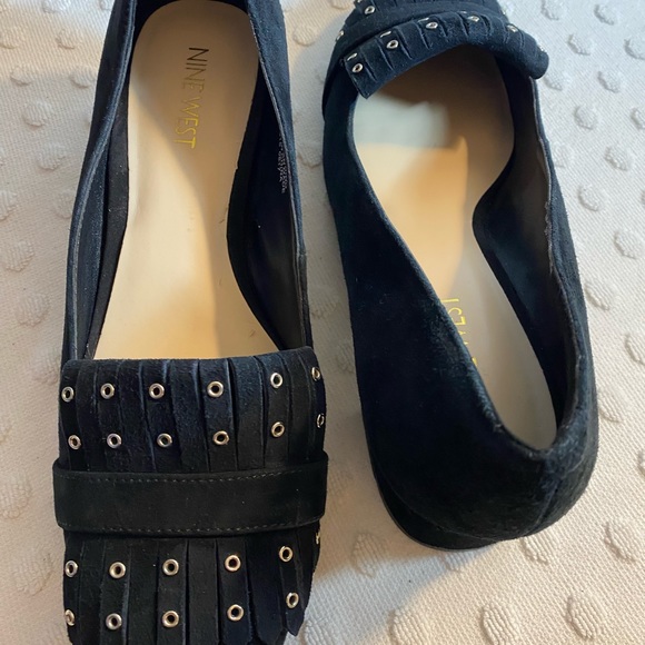 NINE WEST Black Suede Kiltie with Studs Block Mid Heel Slip-On Loafer - Picture 5 of 15
